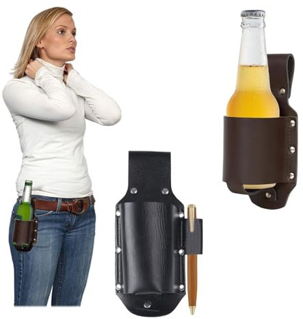 2 pezzi Porta birra in pelle,Fondina per birra,portabottiglie con Fondina in Pelle per Birra,Fondina per Birra Classica,regali da uomo per barbecue, campeggio, attività all'aperto (nero, marrone)