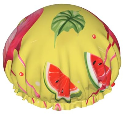 Doppelschichtige Duschhaube für Damen, Flamingo und Wassermelone, wiederverwendbar, geeignet für Baden, Spa