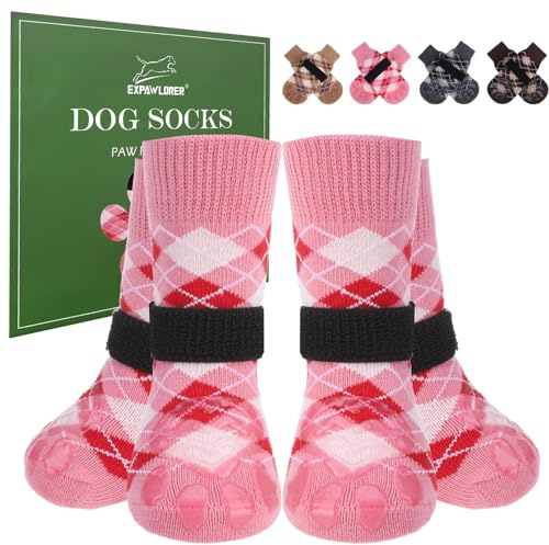 EXPAWLORER Hundesocken Anti Rutsch Leckschutz von Pfoten, doppelseitiger Rutschfester Pfotenschutz für Hartholzböden, Hunde Socken verletzung für alle Hunde, britischer Stil, Rosa XS