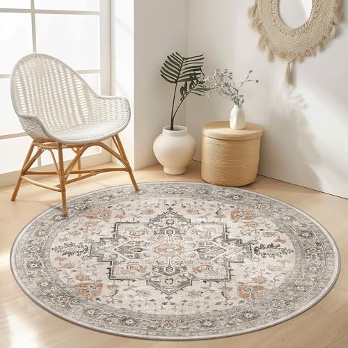 GENIMO Round Rugs Living Room 160cm, Vintage Area Rugs, Machine Washable, Non-Slip Carpet, Low Pile, Non-Shedding, Traditional Oriental Printed Design, Dining Room, Bedroom