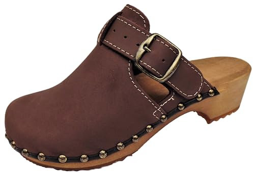 Schwedische Art Holz Clogs - Pantolette Gr.35-36-37-38-39-40-41 **BRAUN - Nubuk**Echt Leder (Braun, EU Schuhgrößensystem, Erwachsene, Damen, Numerisch, M, 41)