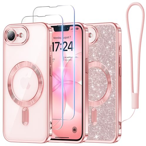 Meifigno Designed for iPhone 16e Case 6.1, [Glitter Card & Wrist Strap] [Compatible with MagSafe] [2X Screen Protectors] Surround Raised Lens Protection Designed for iPhone se 4 Case, Rose Gold