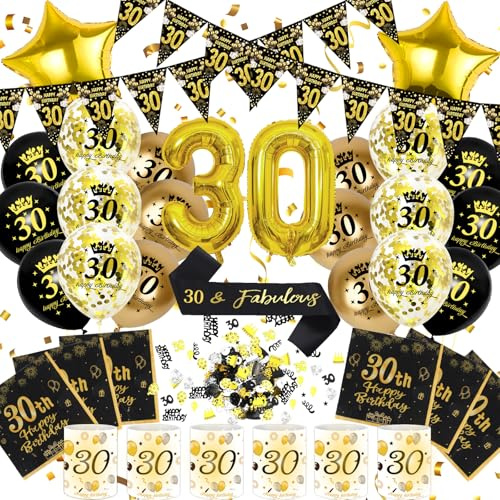 30 Geburtstag Deko Männer Frauen, Schwarz Gold Zahlenballon 30. Geburtstag | Geburtstagsdeko 30 Jahre, Schwarz Gold Party Deko, Happy 30th Birthday Banner, 32 Zoll Zahlenballons, Schärpe und Ballons