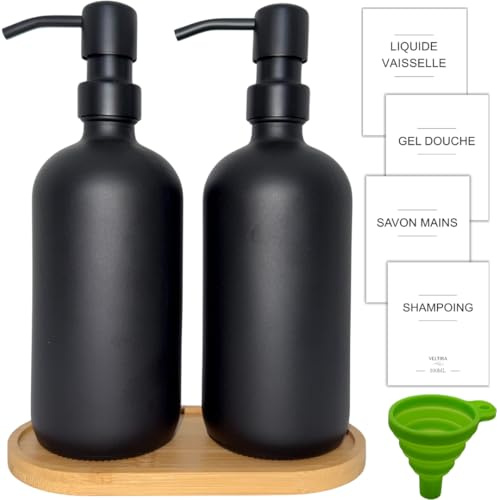 Distributeurs de Savon en Verre - Pack de 2 - Savon Mains - Liquide Vaisselle - Gel Douche - Shampoing - Plateau en Bois, Entonnoir Plastique, Etiquettes - Accessoires Salle de Bain Cuisine (Noir)