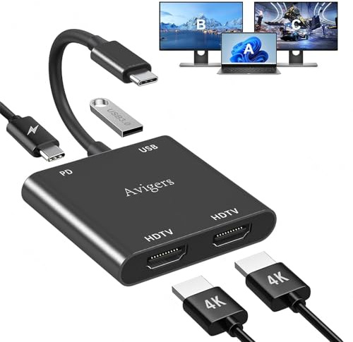 USB C auf Dual HDMI Adapter für 2 Monitore, HDMI Splitter 1 in 2 Out Extended Display mit 2 HDMI 4K, USB 3.0, 100W PD, Typ C HDMI Splitter für Laptop, MacBook Pro/Air, Dell, HP, Surface