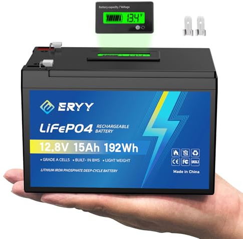 ERYY 12V 15Ah LiFePO4 Lithium Battery with BMS & LCD Voltmeter, Grade A Cells, 4000+ Cycles, Lightweight Rechargeable Deep Cycle Battery for Fish Finder, Camping Light, Solar System, Ham Radio