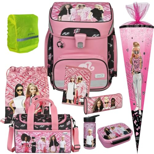 Pridera Scooli Schulranzen Mädchen 1.Klasse EasyFit (10tlg. Set mit Sporttasche Brotdose Trinkflasche Schultüte R, Regenhülle gratis, Barbie)