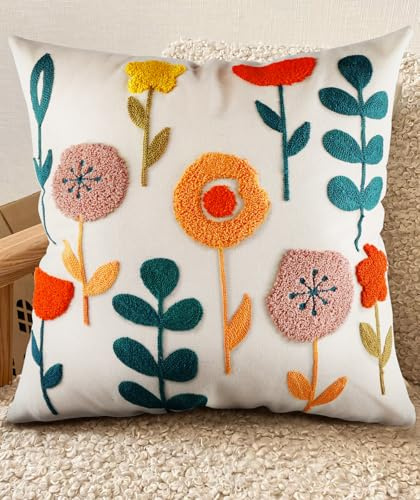 Miss Adola Embroidered Cushion Covers 45 x 45 - Spring Sofa Cushion Cover with Zipper for Couch Bedroom Aesthetic Soft Cotton Decorative Throw Pillow Cases, Plants