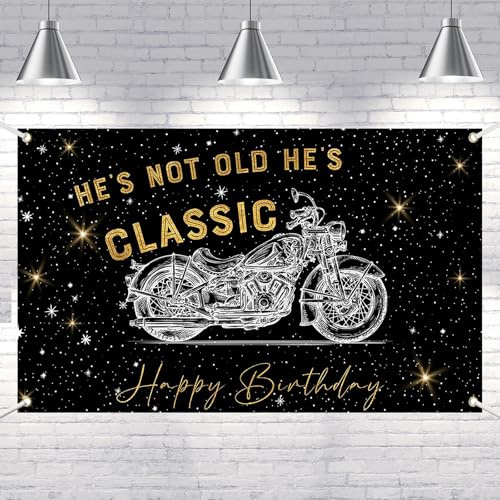 Lofaris Banner - 70.8x43.3 Inch Polyester Motorcycle Birthday Party Decoration, Classic Black and Gold Design with “He’s Not Old He’s Classic” Theme