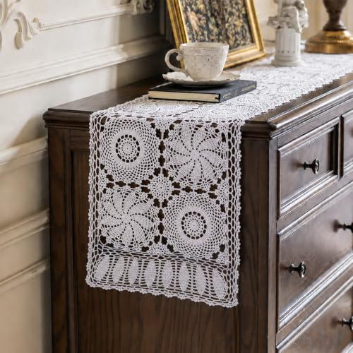 kilofly Handmade Crochet Cotton Rectangular Table Runner, 15 x 79 inch, White