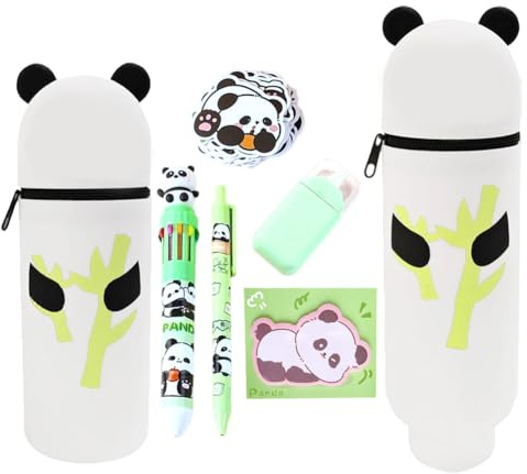 OPVXZAD Kawaii Panda Federmäppchen Set Silikon Stiftemäppchen Schuletui Geschenkset mit 10 Farben Stift Gelstift Korrekturmaus Notizzettel Sticker für Mädchen Jungen Schule Büro