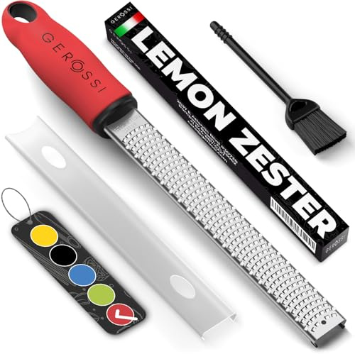 Stainless Steel Cheese and Citrus Zester Grater w/Extra Sharp Blade - Perfect for Lemons, Parmesan, Garlic, Chocolate - Spice Up any Kitchen Dish in Seconds with Your Premium Hand Held (Red)