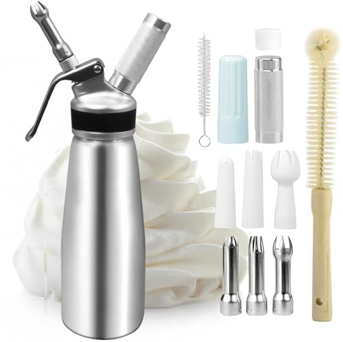 YFNVH 500 ML Siphon à Chantilly en Aluminium, Distributeur de Crème Fouettée avec 3 Douilles INOX, 3 Plastique et 2 Brosses de Nettoyage, pour Décorer Gâteaux, Pâtisseries et Desserts