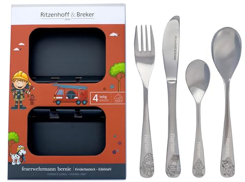 Striefchen® Personalisiertes Kinderbesteck Set von Ritzenhoff & Breker – Edelstahl mit Gravur – Geschenk für Kinder – 4-teiliges Besteckset im Geschenkkarton – verschiedene Motive (Feuerwehr)