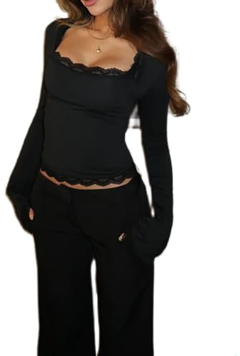 RUINIXCW Women's Y2K Lace Trim Tops Square Neck Ribbed Long Flared Sleeve Slim Crop Shirts Sexy Going Out Blouses Streetwear (Black, S)