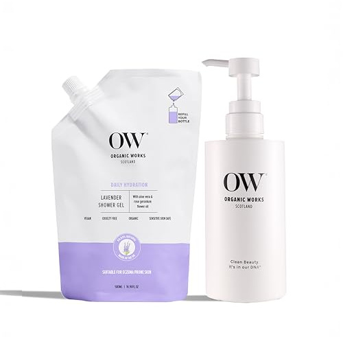 Organic Works Lavender Shower Gel Starter Pack-500ml, Hydrating Hypoallergenic Body Wash with Geranium Oil & Aloe Vera-Oil Control, Skin Firming, For Dry to Very Dry Skin-Made in UK