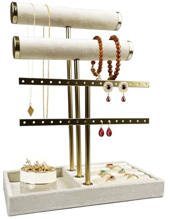 SOSOLOVE Supporto per Gioielli Bracciali con 4 Livelli, Porta Collane e Orecchini, Espositore, Rimovibile per Vassoio Anello in Velluto, per Braccialetto, Collana, Orologi, Anelli, Beige