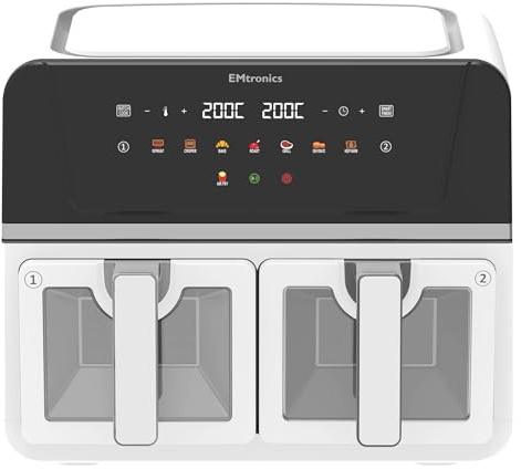 EMtronics 9 Litre Dual Air Fryer with Double Baskets - White with Windows | 8 Preset Cooking Modes, Match Cook & Smart Finish Functions, Turn & Shake Food Reminder, High Speed Air Circulation