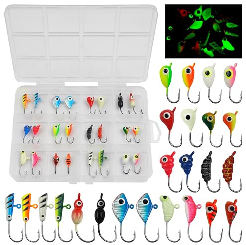 24/36PCS Ice Fishing Jigs Set Ice Fishing Lures Glow in The Dark Fish Lures Micro Jig Head Hooks with Tackle Box (24PCS)