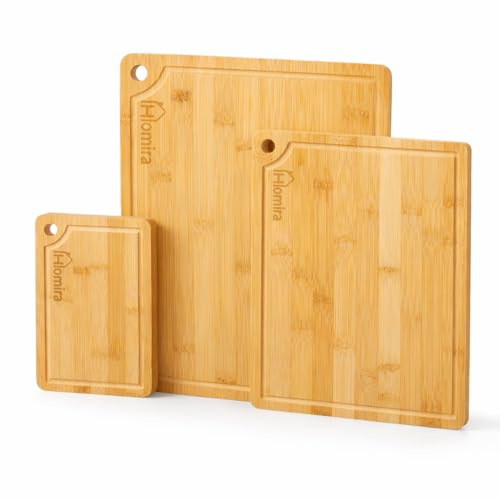 Homira Bambus Schneidebrett Set 3er – Küchenbrett mit Saftrille & Aufhängeloch – 38×25/30×25/23×15 cm – 1,5 cm Dick – für Fleisch, Gemüse & Brot