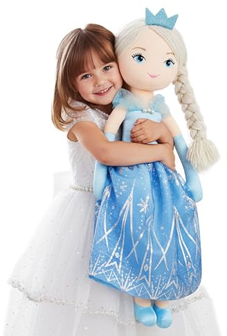 Lullaberry Personalisierte 75 cm große XL-Prinzessin Marina Crystalheart weiche Stoffpuppe – individueller Name Prinzessin Puppe mit blauem Kleid – lebensgroße Plüschpuppe Geschenk für Mädchen