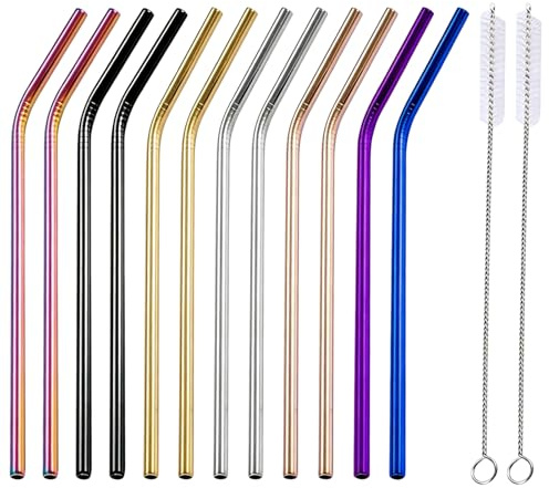 12 Pcs Metal Straws Drinking, Stainless Steel Straws Set with Two Cleaning Brushes, Multi-Colour Metal Drinking Straws for Cocktails Smoothies,Hot Drinks and Beverages