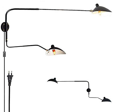 VOMI 2 Flammig Industrielle Vintage E27 Wandleuchte mit Schalter Stecker Kabel Einstellbar Kopf Lang Arm Einstellbare Drehen Rustikale Metall Wandlampe Schlafzimmer Wandstrahler