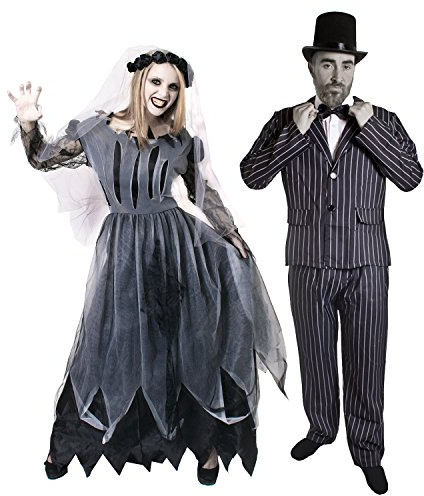 I LOVE FANCY DRESS PAAR ZOMBIE GEISTER KOSTÜM VERKLEIDUNG=BRAUT & BRÄUTIGAM=ANZUG+FLIEGE+ZYLINDER+FRAUEN SCHWARZES HOCHZEITSKLEID+SCHLEIER=MÄNNER-XXLARGE & FRAUEN-XXLARGE