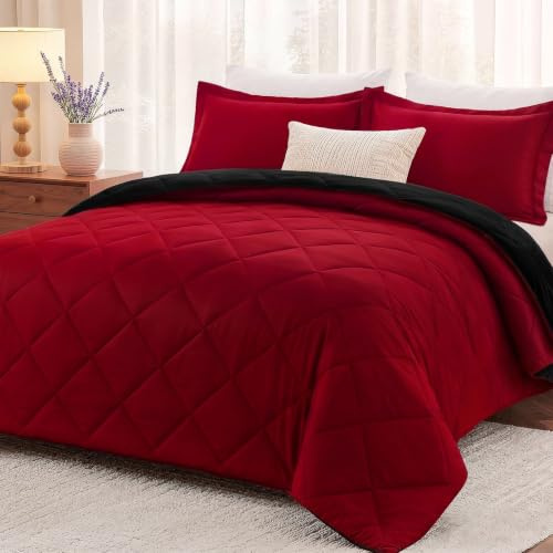 downluxe King Size Comforter Set - Red and Black King Comforter, Soft Bedding Sets for All Seasons - 3 Pieces - 1 Comforter (104x92) and 2 Pillow Shams(20x36)