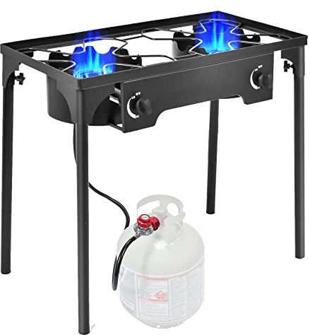 Goplus Outdoor Camping Stove, Dual Burner Propane Gas Cooker w/Detachable Legs & 0-20 PSI Regulator & CSA Approval for Camp Patio RV, Cast Iron, 150,000-BTU