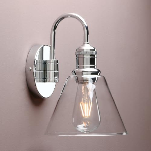 Yosoan Lighting Modern Vintage Industrial Glass Sconce Wall Light Fitting with 7.3” Clear Glass Lampshade, for Office Home Kitchen Living Room Bedroom Loft Bar (Chrome)