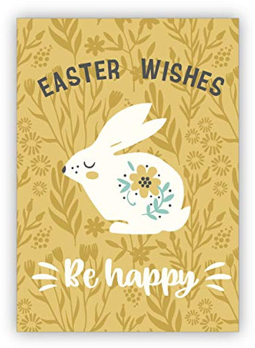 Kartenkaufrausch Im 5er Set: Süße englische Osterkarte mit Osterhase auf Wiese: Easter Wishes Be happy - Grußkarte zum Osterfest für Familie, Freunde & Kunden