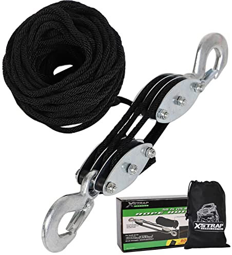 XSTRAP Standard Strapazierfähiger 0,9 kg Bruchfestigkeit, 15 m Seilzug, 453,6 kg Arbeitslastblock und Angelrolle-System zum Heben Schwerer Gegenstände (schwarz)