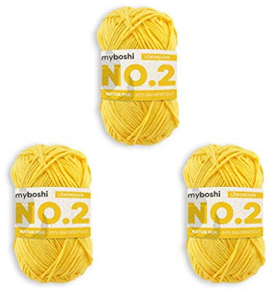 myboshi No.2 Baumwolle zum Häkeln, Baby Wolle, vegane Wolle zum Stricken, 60 Grad waschbar, für Baby und Amigurumi, 50g, Ll 100m Gelb (Löwenzahn) 3 Knäuel