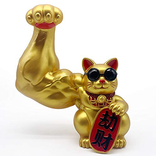 Mkuha Maneki Neko Glückskatze Glücksbringer Spardose aus Harz Katze mit Starkem Arm, Cooler Look,Gold,M