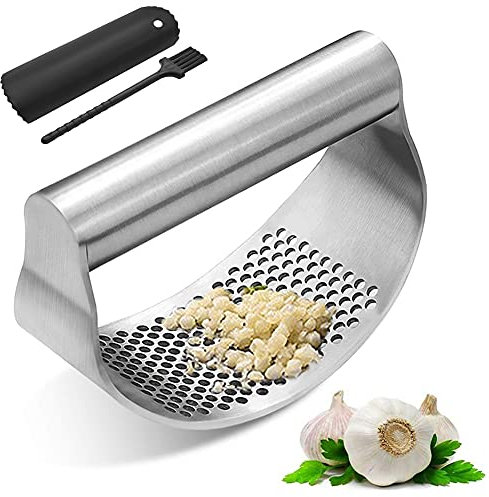 ACHANFLY Schnelle Knoblauchpresse Wippe Edelstahl Knoblauchwippe Garlic Press mit Silikon Knoblauch-Schäler und Bürste Knoblauchmühle für Ingwer Knoblauch Crusher Squeezer Slicer (Spülmaschinenfest)