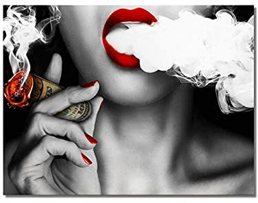 XIANGPEIFBH Rote Lippen Frau mit Geld Druck Wandkunst Ölgemälde Bild auf Leinwand Kreative Idee Leinwand Kunst Dekoration Bild 60x90cm (24x35in) Ungerahmt