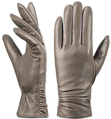 Damen Winter-Lederhandschuhe mit Touchscreen Text, warmes Lammfell, 100% reines echtes Leder (Beige, S)