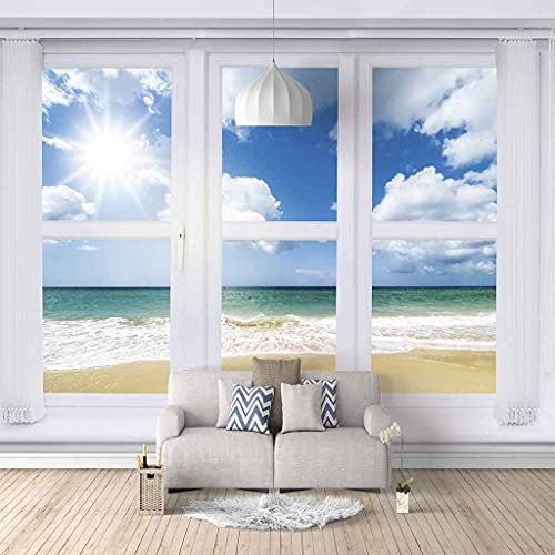 FVGKYS Wandbilder Schlafzimmer Erwachsene Kinder Tapete Plakate 3D Weiße Fenster Mit Meerblick Selbstklebend Wandgemälde Wandtattoo Kunst Dekoration Für Wohnzimmer Küche Wanddekoration 200x150cm