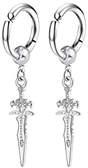 Men's Fashion Korea Style Stainless Steel Huggie Hinged Hoop Earrings with Long Chains Dangle Retro Feather Leaf Skull Awl for Men Women Boys, Metal, No Gemstone