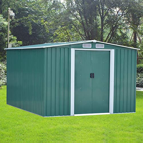 Panana 8 x 10 ft Corrugated Metal Garden Storage Shed w/Sliding Door Sloped Roof - Green