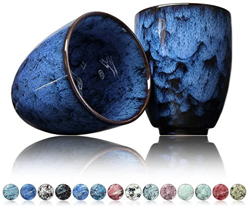 Ganzoo Taza de café de cerámica, diseño sin asa, 200 ml, juego de 2 unidades, tazas de café, taza de té, taza con diseño moderno, ejemplares únicos de colores (cobalto)