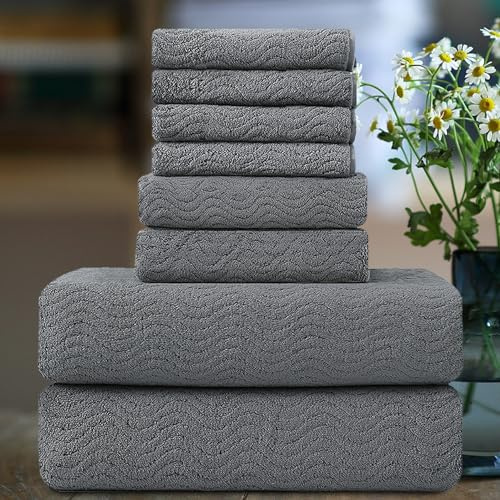 Smuge Ultra Soft 8 Piece Textured Bath Towel Set for Bathroom Shower Pool, Kitchen, Quick Dry, Lightweight Highly Absorbent - 2 Oversized Bath Towel Sheets, 2 Hand Towels, 4 Washcloths - Dark Gray