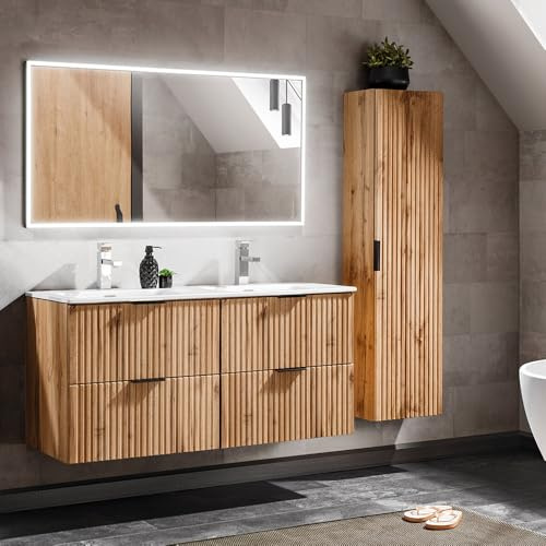 Lomadox Badezimmermöbel Badmöbel Komplett Set, Wotaneiche Rillenoptik, 120cm Waschtisch mit Unterschrank & LED-Spiegel, Hochschrank, B/H/T 170/200/46 cm