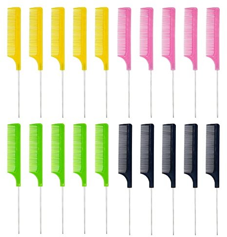 Rat Tail Comb Set 20 PCS - Fine Tooth Parting Comb for Braiding Hair Styling, Stainless Steel Pintail, Heat Resistant Anti-Static Hair Teasing Combs for Women Salon Professional
