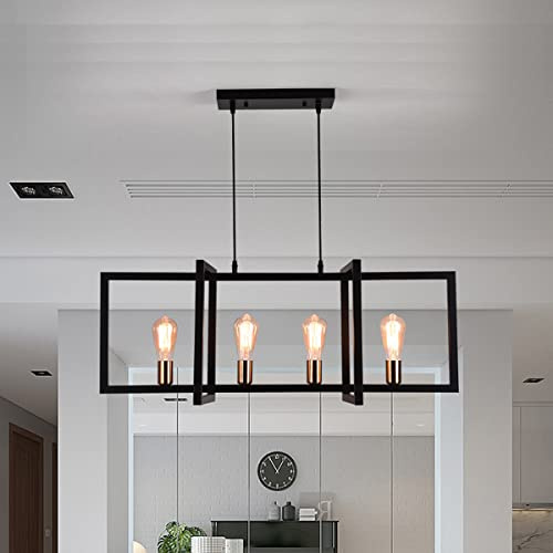 Ganeed Kronleuchter Hängelampe E27 Schwarz 4 Lichter | Bauernhaus Mattmetall Moderne Rustikale Pendelleuchte Industrieller Stil für Kücheninsel Wohnzimmer Lounge