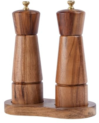 DeroTeno Salz- und Pfeffermühlenset mit Mühlenuntersetzer, Verstellbare Keramikmahlwerk Salzmühle, Edelstahlmahlwerk Pfeffermühle, Akazienholz, 16,5 cm Höhe, Boden DIA 5 cm