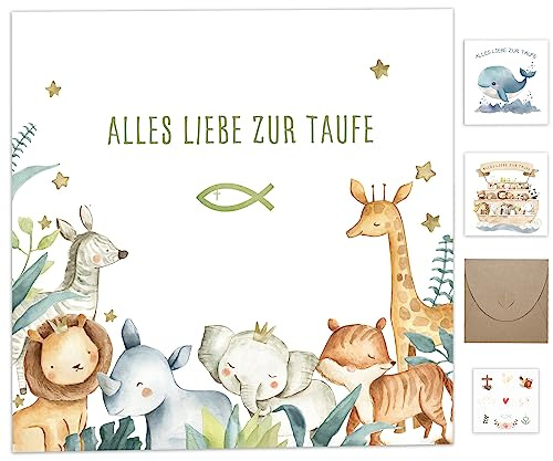 Taufgeschenke für Jungen & Mädchen, Karte Taufe mit Umschlag für Patenkind | Glückwunschkarten zur Taufe, taufkarte, aufkarten Sticker Deko, Personalisiert Geschenk Klappkarte Waldtieren