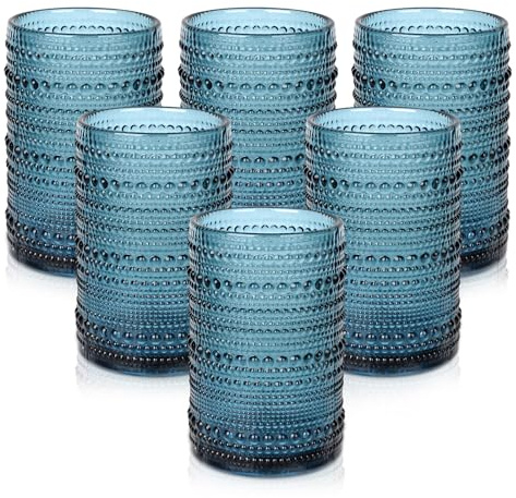 ZMOWIPDL Vintage Glassware Drinking Glasses Set of 6,15 oz Hobnail Glass Cups,Embossed Blue Water Tumbler,for Beer,Cocktail,Whiskey,Juice and Various Mixed Drinks- 1 Cleaning Brush