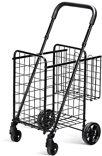 COSTWAY Folding Shopping Trolley on Wheels, Height Adjustable Metal Grocery Utility Cart with Back Basket & Foam Covered Handle, Portable Luggage Utility Push/Pull Carts (Black)